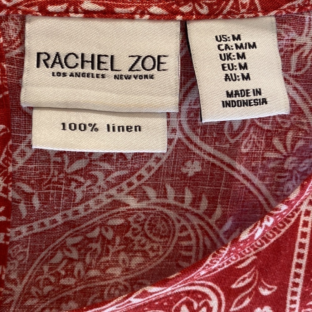 Rachel Zoe 100% Linen Shift Dress Brick Red White Paisley Sz Medium